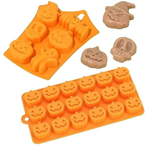 MFCGHXR Halloween Silicone Moulds 2 Pcs, Skull Bat Pumpkin Ghost Molds, Pumpkin Shape Silicone Mold, Ice Cube Tray Candy Cookies Dessert Baking Mold, for Halloween Muffin
