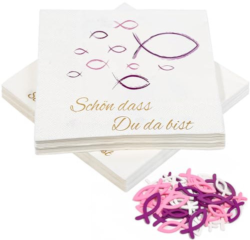 40 Stück Rosa Fisch Servietten und 45 Stück Holz Fische Deko, Schön, dass du da bist!', Fisch Tischdeko für Taufe, Kommunion, Konfirmation oder Andere festliche Anlässe, 33 x 33cm