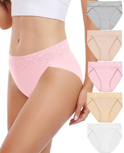 RHYFF Unterhosen Damen Baumwolle Hipster Unterwäsche Frauen Spitze Slip Damen Atmungsaktiv Stretch Panties Damen Weich Damen Slips Mehrpack S-XXL(RDE3168M-Pink)