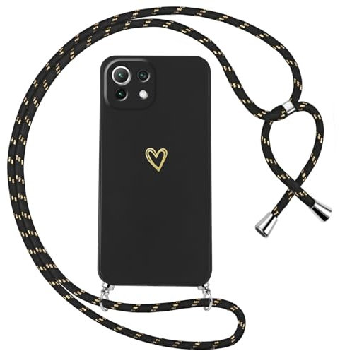 Oelrstfe Handyband für Xiaomi 11 Lite 5G NE/Mi 11 Lite 4G/5G Hülle mit Band Herz Motiv Handyhülle für zum Umhängen Silikon Stoßfest Dünn Weich Schutzhülle mit Kordel Kette Love Muster Case,Schwarz
