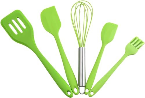Silicone Spatulas Set-Cooking Spatula Set,Green 5 pcs Kitchen Utensil Set-Basting Pastry Brush-Pastry Oil Brush-Egg Beater-Slotted Turner-Silicone Cooking Spatula Non-Stick,Easy to Use & Clean (Green)