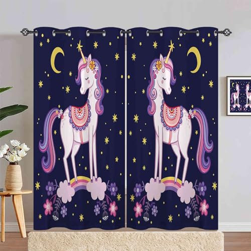 ANHOPE Einhorn Regenbogen Mond Stern Gardinen Blickdichte mit Ösen Kinder Mädchen Thermo Vorhänge Blackout Curtain Vorhang Wohnzimmer Schlafzimmer Verdunklungsvorhänge 2er Set H 245 x B 140 cm