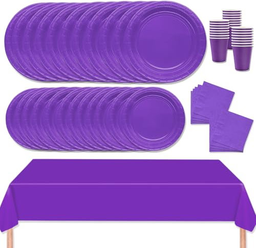 MORAINJAY 69 Stück Partygeschirr Set,Lila Papiergeschirr Set,Geburtstag Party Geschirr Set mit Tischdecke Pappteller Servietten Becher,für Hochzeiten,Weihnachten Geburtstagsparty Deko-16 Gäste