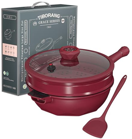 TIBORANG 8 in 1 Multipurpose 11 Inch 5 Quart Heat Indicator Nonstick Deep Frying Pan with Glass Lid,Stay-cool Handle,Steamed Grid,PFOA-Free,Dishwasher&Oven Safe,Works with All Stovetops(Ruby Red)