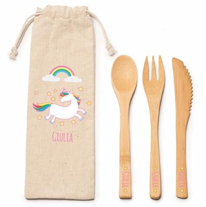 Unicorno 5 Set Posate Bambino da 3 Pezzi con Confezione di cotone naturale Include forchetta coltello e cucchiaio Personalizzati con Nome Idea Regalo Bambini Set Pappa Bimbi per feste monouso