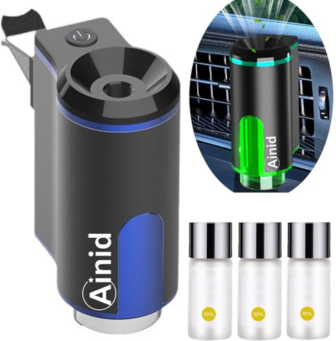 Ainid Smart Car Air Freshener with 3 Essential Oil, Intelligent Car Aroma, Ultrasonic Atomizer with Detachable Clips