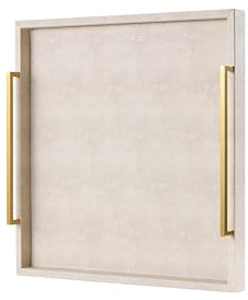 24x24 Oversized Square Ottoman Tray for Living Room, Extra Large Ivory Shagreen Leather Decorative Tray for Coffee Table,Wooden Serving Trays for Dinner Party (Ivory -Gold Handle, 24)