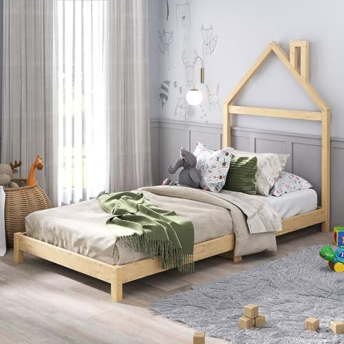 IDIMEX Kinderbett Liz 90x200 cm in Hausoptik aus Massivholz Natur - Bodenbett für einfaches EIN- und Aussteigen, Montessori Kinderzimmer