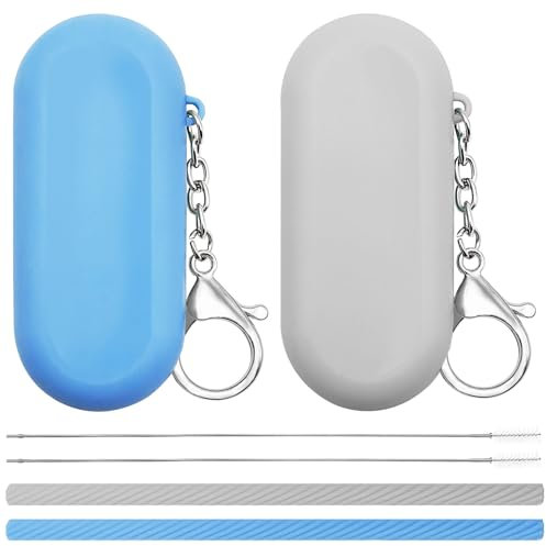 2 Set Silicone Straws with Case, Foldable Reusable Straws + Deep Cleaning Brush + Carry Case with Keychain, for Travel & Party - Cold or Hot (Grey & Royal Blue)