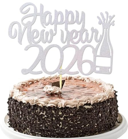 Kuchenaufsatz „Frohes neues Jahr“, silberner Glitzer „Willkommen im Jahr 2026“, „Hallo 2026“, „Prost auf 2026“, Kuchenspieße für Silvester-Feiertagsparty-Dekoration