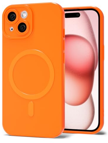 Svanove for iPhone 15 Phone Case Silicone Magnetic, Compatible with Magsafe Case Cute for Women, Girly Bright Color Glossy Jelly Thin Slim Hard Mag Safe Rubber & Camera Cover, Neon Orange