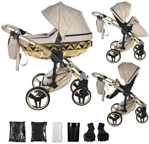 Junama Kinderwagen Diamond Heart 2in1 3in1 4in1 (07 - Beige und Gold, 2in1 mit Adaptern)