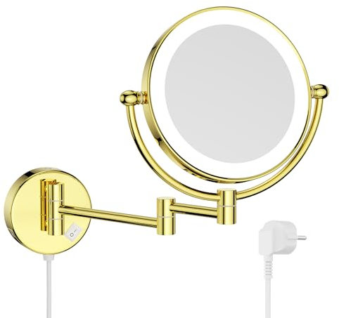 Nicesail Miroir Grossissant Lumineux Mural x7 Miroir Extensible Salle de Bain Doré Double Face,Diamètre 20 cm