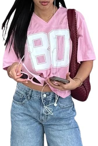 Cusghjbsg Women Basketball T-Shirt Summer Short Sleeve V Neck Number Print Loose Tops Oversized Jersey Baggy Pullover Shirt Streetwear (Pink B, XL)