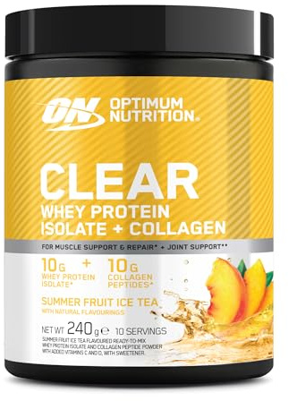 Optimum Nutrition Clear Whey + Collagène, Thé Glacé Fruits d’Été, 10 g Whey Isolate et 10 g Peptides de Collagène par Portion, Boisson Protéinée Claire pour les Articulations, 240 g, 10 Portions*