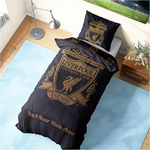 Get Trend Liverpool F.C. Bettwäsche 135x200 cm & Kissenbezug 50x75 cm, 2-in-1 Bettzeug Set zum Wenden, Fußball Geschenke für Jungs & Männer (Schwarz Liverpool, Single)
