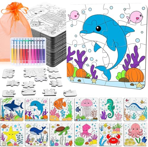 KOVSGQ Puzzle Zum Selber Gestalten Puzzle Zum Bemalen Kinder Bastelset Zum Selbermachen Papierpuzzles 24Stk Meeresleben mit 24 Farbstiften und 24 Aufbewahrungsbeutel von 3 4 5 6 7 8Jahren (Ozean)