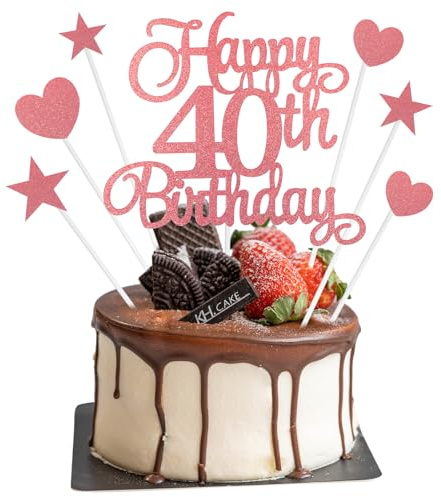 40th Birthday Cake Topper Decorations, 7Pcs Personalised Happy 40th Birthday Cake Topper with Heart Star Cupcake Picks, Rose Gold Glitter Happy 40 Years Old Birthdays Sign for Birthdays Party Supplies