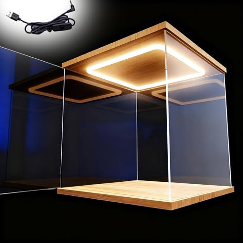 Vitrine Acrylique Vitrine en Acrylique avec Éclairage LED et Porte D'entrée, Grande Boîte de Rangement Empilable Transparent, Anti-poussière(35x35x55cm(14x14x22in))