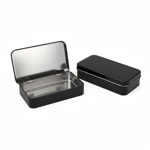 LJY Black Hinged Metal Tins, 2 Pack, 5.9 x 3.5 x 1.2 in | The lid stays attached to the base during sorting and repeated workstation access