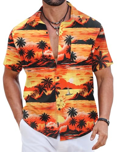 COOFANDY Hawaiian Shirts for Men 100% Cotton Mens Summer Shirt Short Sleeve Button Down Beach Tropical Men's Tops Regular Fit Orange XL