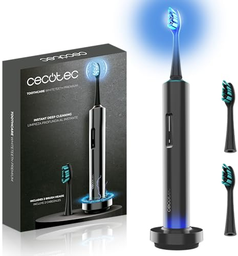 Cecotec Schallzahnbürste ToothCare WhiteTeeth Premium. Whitening Tech Blaulicht, 4 Modi, 3 Intensitäten, bis 180 Tage Akku, Display, Smart Wake-Up, IPX7, 2 Köpfe, Ladestation, Metallfinish, langlebig