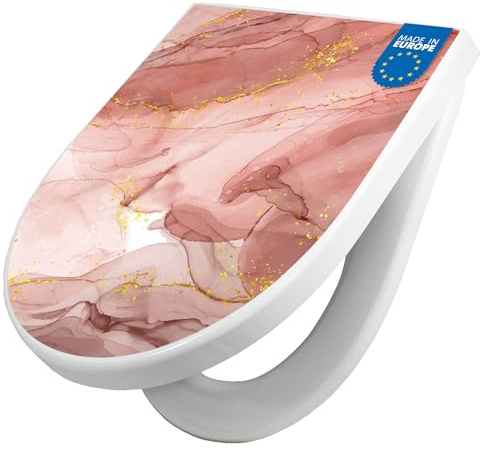 banjado WC Sitz mit Absenkautomatik D Form - Toilettendeckel mit Absenkautomatik D Form - Klodeckel Softclose - stabile Klobrille - Toilettensitz Weiß - Motiv Rosa Marmor mit Gold 1