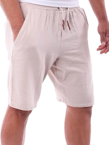 Reslad Kurze Hosen Herren Baumwollhose l Leinenhose Optik Strandhose kurz Männer Shorts Freizeithose mit Kordelzug Sommer Hose für Urlaub RS-3004 Beige L