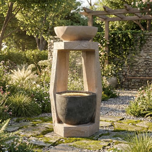 Jaxenor Gartenbrunnen mit LED-Beleuchtung, Ca.36,5x36x81,5cm, Garten Springbrunnen mit Kunststein-Außenverkleidung, Zimmerbrunnen, Wasserspiel für Garten und Terrasse, Hellbraun
