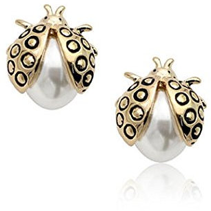 Crystalline Azuria Femme Clous Boucles d'Oreilles Coccinelles 18ct Plaqué Or Rosé avec Blancs imitation Perles