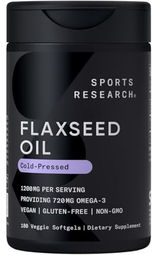 Sports Research Vegan Flaxseed Oil (1200mg) Herbal Supplement with Plant-Based ALA Omega 3 - Vegan Certified & Non-GMO Verified - Gluten, Soy & Carrageenan Free (180 Veggie Softgels)
