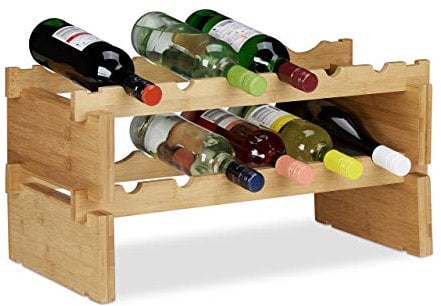 Relaxdays Weinregal stapelbar, Bambus Flaschenhalter für 12 Flaschen Wein, erweiterbarer Weinständer mit 2 Ebenen, Natur