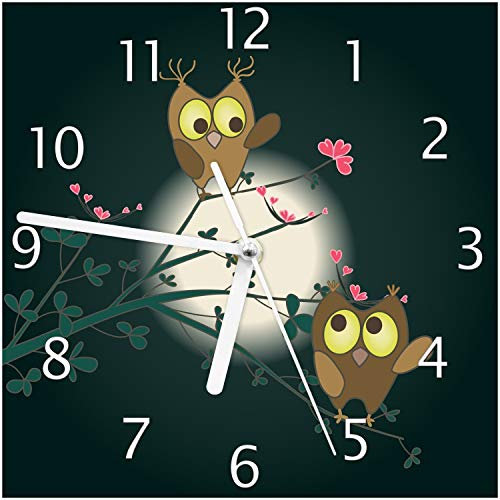 Wallario Design-Wanduhr Süße verliebte Eulen auf dem AST bei Nacht im Mondschein aus Glas, Motiv-Uhr Größe 20 x 20 cm, weiße Zeiger