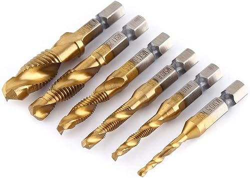 Aeloa Dril Tap Bits-6pcs Metric HSS Thread, Titanium Coated, 1/4 Hex Shank, M3-M10, Toolbox Item