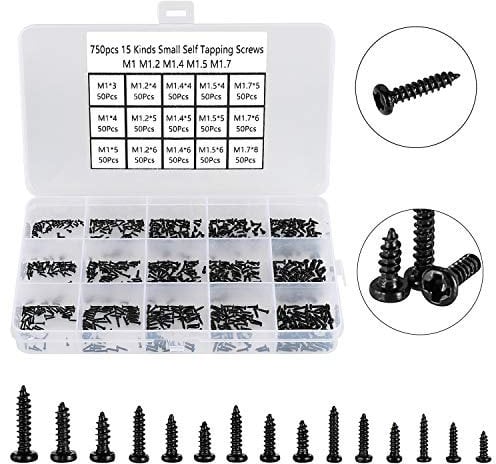 FandWay 750 Pezzi Set di Piccole Viti,15 Tipi M1/M1.2/M1.4/M1.5/M1.7 Mini Viti Autofilettanti Kit, Con Testa a Croce Tonda Viti,Micro Elettronica Viti per Riparazione di occhiali orologi Telefoni.Nero
