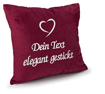 Direkt-Stick.de Kissen mit Namen Bestickt, Dekokissen 40x40 mit Füllung, Kuschelkissen PERSONALISIERT mit Stickerei und Herz gestickt, Kuschelkissen plüsch Geschenk, Geschenkidee (Bordeauxrot)