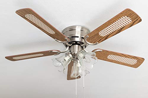 Pepeo - Kisa Deckenventilator mit Beleuchtung | Ventilator mit Zugschalter in Silber mit Wendeflügeln in Eiche- und Walnuss-Holzoptik, Durchmesser 105 cm. (Farbe: Nickel gebürstet, Eiche/Walnuss)