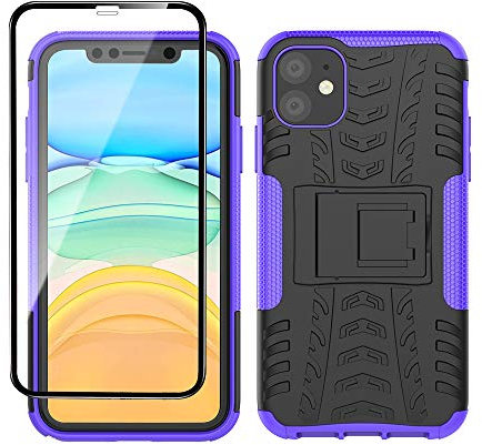 Yiakeng Handyhülle für iPhone 11 Hülle, iPhone 11 Hülle, mit Panzerglas Schutzfolie, Stoßfest Schlank Silikon 360 Grad Schutz Mit Ständer für Apple iPhone 11(Lila)