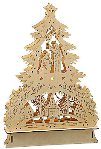 Cepewa Schwibbogen Kunst Weihnachten Holztannenbaum Krippe Weihnachtsdeko fürs Fenster mit 10 LEDs in warm weiß H 43 cm B 29cm