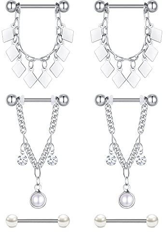 Funseedrr 4-12 Paar Brustwarzenpiercing Edelstahl 14G 16mm Barbells Nippelpiercing Brustpiercing Piercing Brustwarze Schmuck Set
