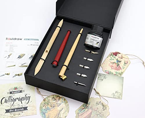 Liquidraw Ensemble de calligraphie arabe avec porte-plume en bambou et encre de calligraphie noire pour gaucher pour artistes, débutants, adultes et enfants