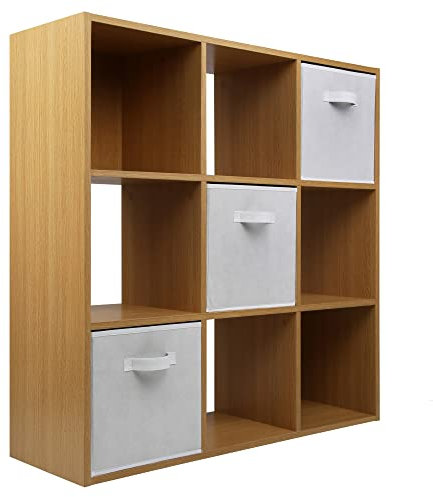 Charles Jacobs Oak 9 Cube Storage Shelving Unit + 3 White Fabric Drawers