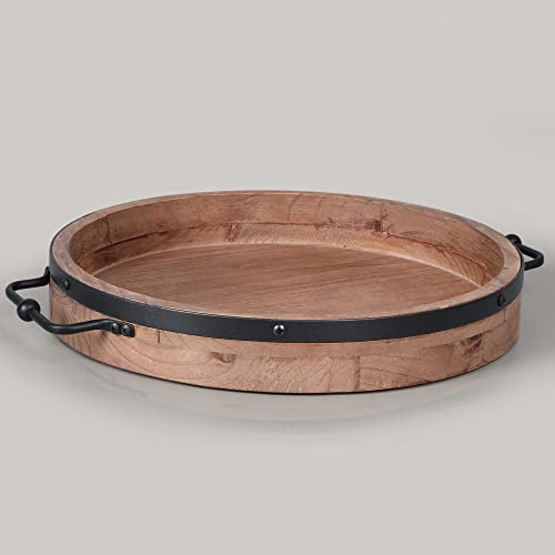 Rundes Couchtisch-Tablett, 33 cm, Bauernhaus-Holz-Serviertablett mit Metallgriffen, rundes dekoratives Tablett für Couchtisch, rundes Ottoman-Tablett, Dekoration, Holztablett für Küchentheke