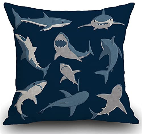 Swono Blauer Cartoon-Hai-Druck Baumwolle Leinen Wurfkissenbezug Home dekorativer Kissenbezug für Sofa Couch Bettwäsche 45,7 x 45,7 cm