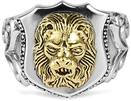 KnSam Herren Ring, herrenring 925er Silber Schild und Gold Lion Head Ring 925 Silber Ring Gothic Punk Herren Ring hip hop Silber