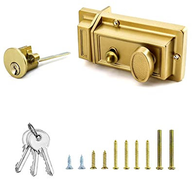 QWORK Night Latch Deadbolt Rim Lock with Key Gold Finish Antique Style Lock with Front Door Key
