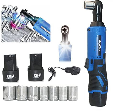 Clé à Cliquet Sans Fil, 3/8 '' 12V 40N.m Clé électrique à cliquet, clé électrique avec lampe de travail à LED, 2 piles au li-ion de 1500 mAh, 1 chargeur rapide, jeu de 7 prises