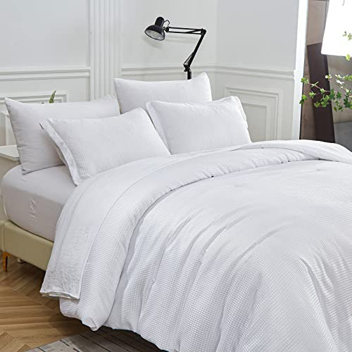 White Duvet Cover Double Size 4PCS Waffle Duvet Cover with Extra Fitted Bed Sheet Soft Microfiber Bedding Set with Zipper Closure (Waffle, Double Size)