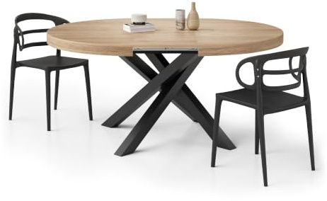 MOBILI FIVER, Runder ausziehbarer Tisch Emma, 120-160 cm, Wildeiche mit gekreuzten Schwarzen Beinen, Made In Italy