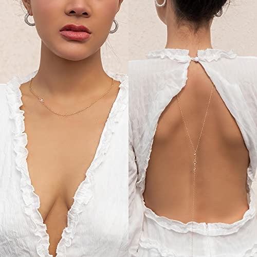 Wendalern Crystal Backdrop Necklace Gold Tassel Back Chain Necklace Y Pendant Back Chain Lariat Necklace Wedding Long Tassel Rhinestone Necklace Back Chain Jewelry for Women and Girls